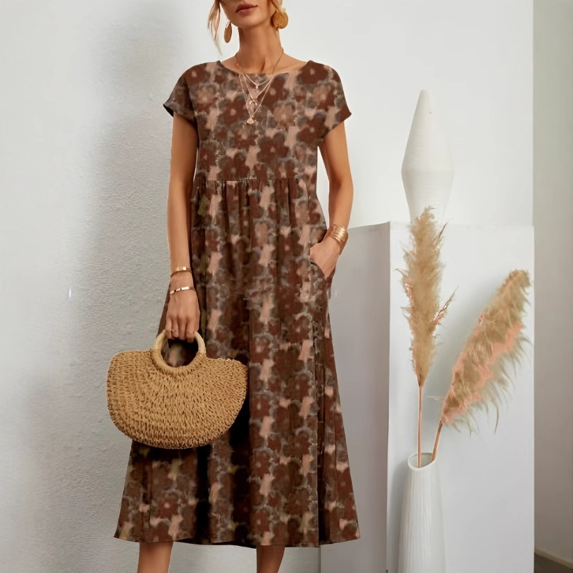 K6271European and American summer new loose round neck printed pocket dress for women
