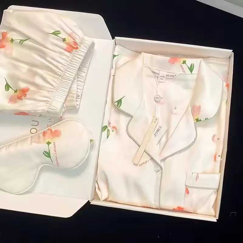 Women Sleepwear Ice Silk Girl Home Wear Cardigan Floral Sweet 2PCS Set Ladies Short Sleeve Shorts Student Pajamas M L Nightwear l250627