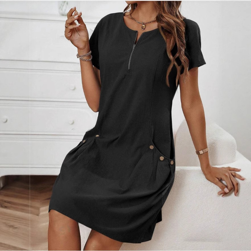 G627Foreign trade European and American women's summer spot pocket zipper collar short-sleeved dress