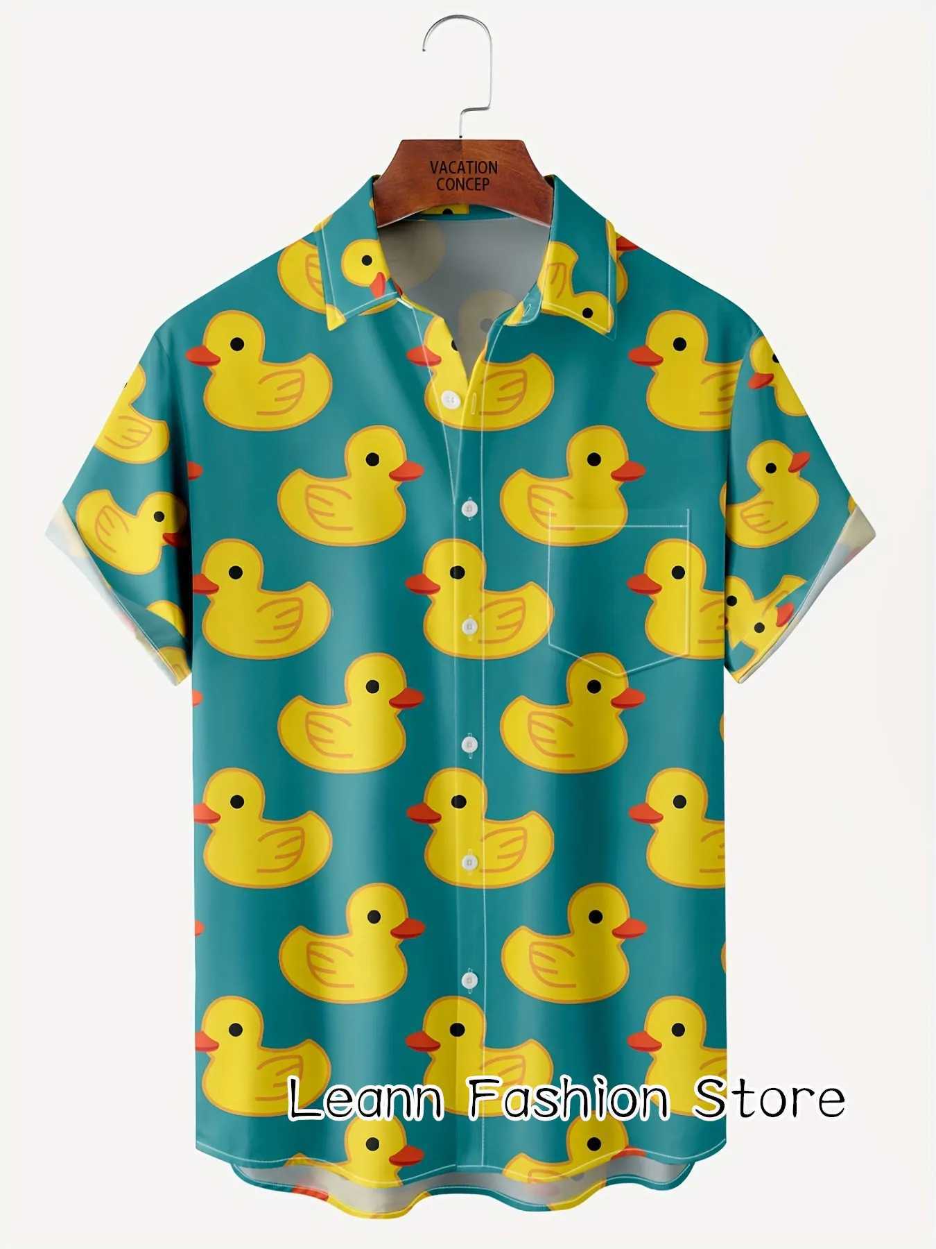 Men Summer Cute Cartoon Yellow Ducks Print Shirt Hawaiian Vacation Clothing Male Button Lapel Collar Fashion Beach W250627