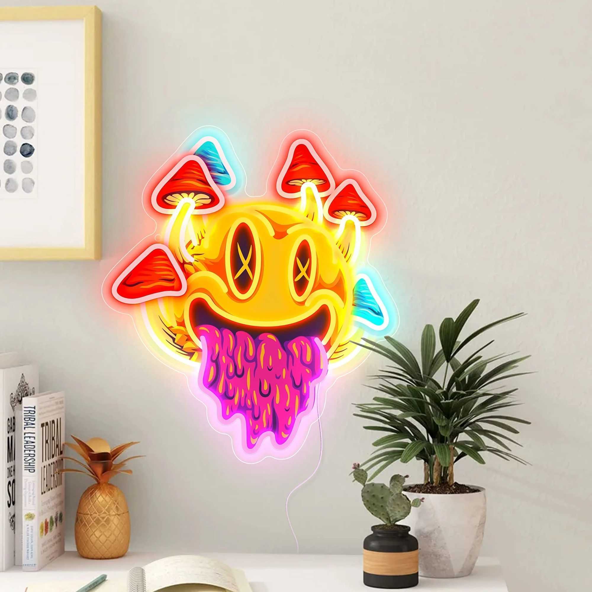 Smiling with Mushrooms Neon Sign Unique Mushroom Decor Aesthetic Room Decor Trippy Mushrooms Light for Halloween PartiesXJ250626