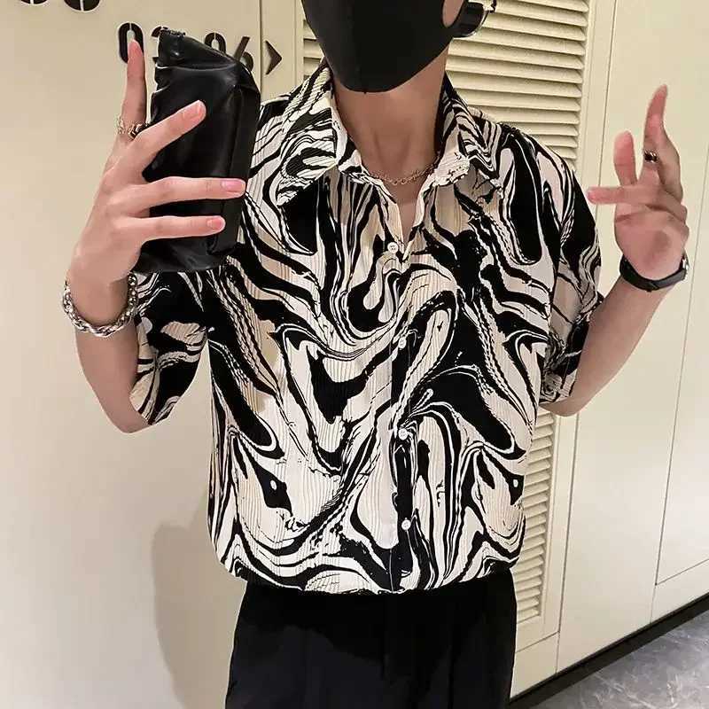 Mens Shirt Floral Print Half Sleeve Male Shirts Black Green Original Button Up Cotton with Sleeves Slim Fit Collar Korean Style W250627