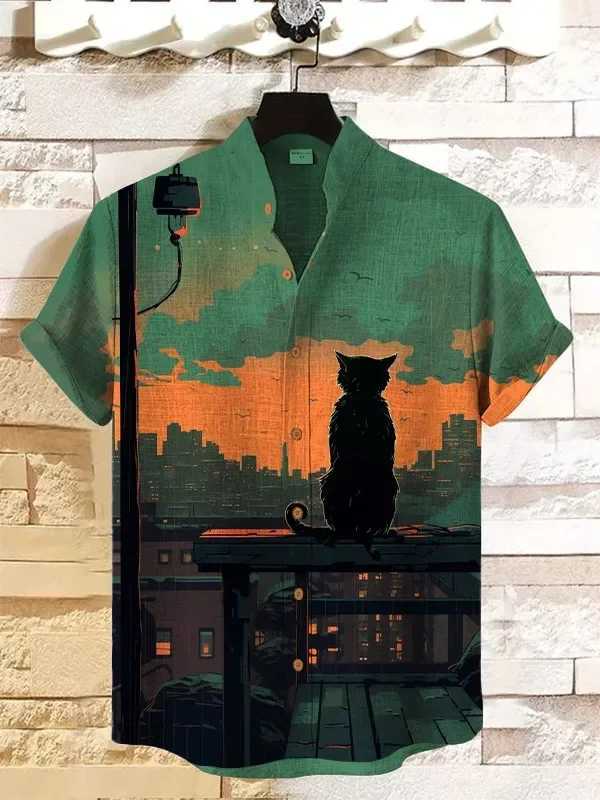Summer Mens Retro Cartoon Anime Cat Theme Short Sleeve Shirt Short Sleeve Tops Fashion Casual Vacation Streetwear Mens Shirt W250627
