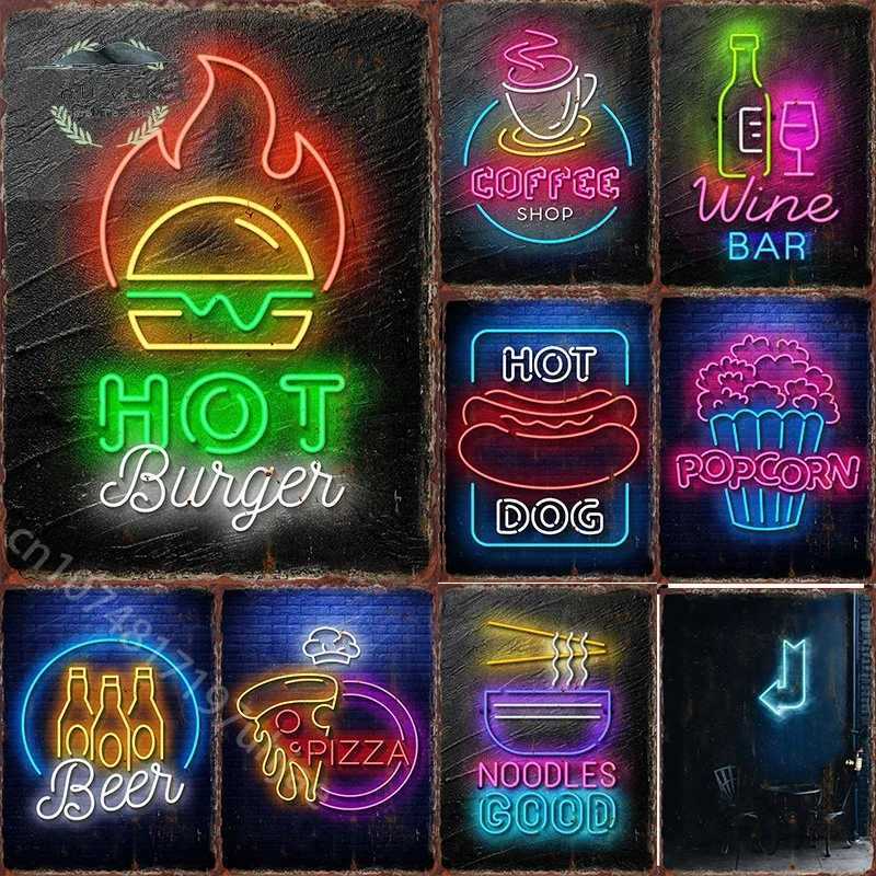 Neon Food Popcorn Neon Food Sign Poster Metal Tin Sign for Club Bar Decor Aesthetics Wall Decorative Plaque Decoration PaintingXJ250626