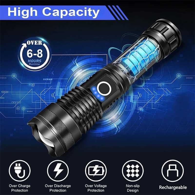 High Power Rechargeable LED Tactical Flashlight Aluminum Alloy Telescopic Zoom Torch Lamp for Outdoor Camping Fishing W250701
