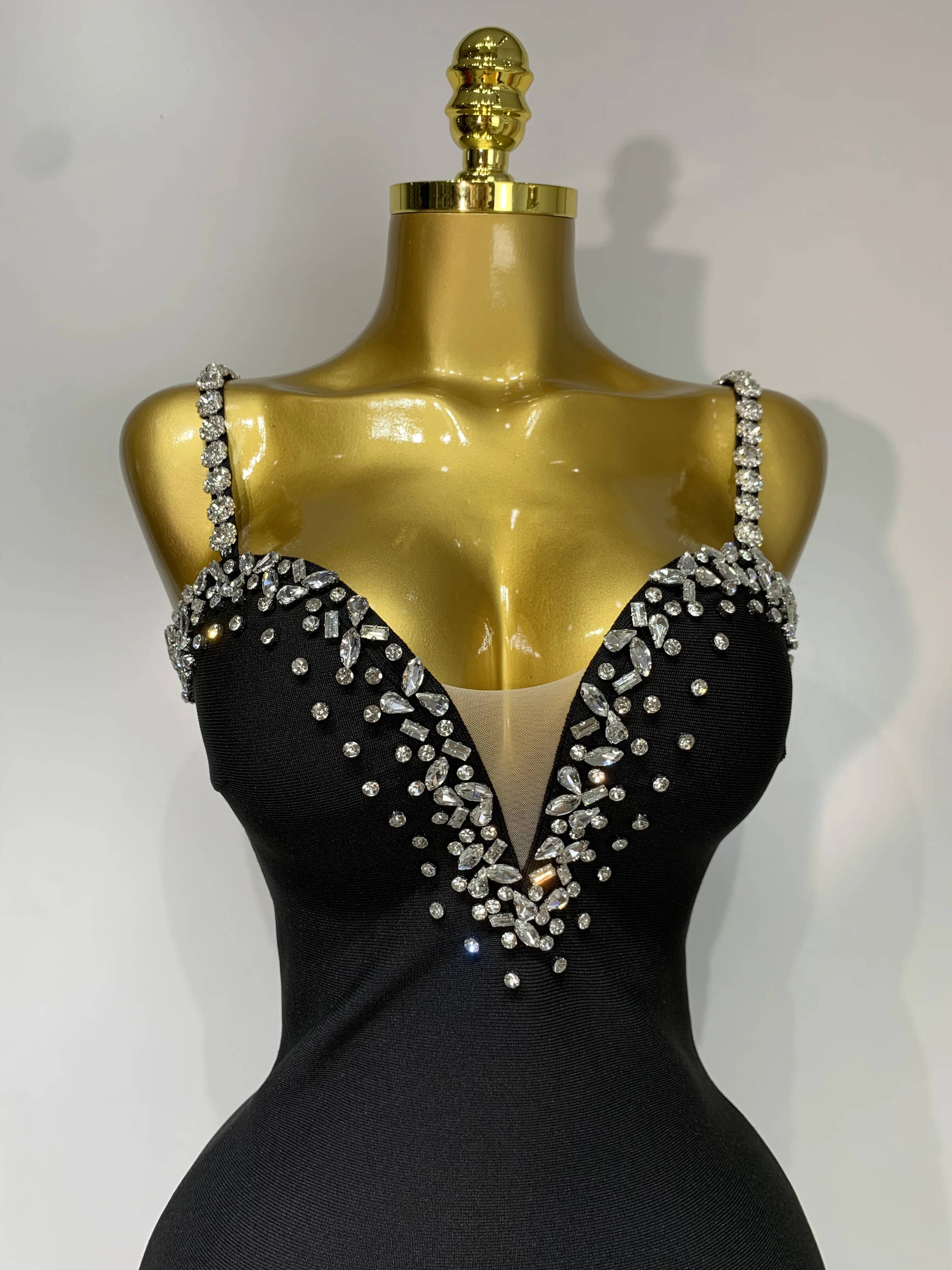 Women Sexy Sling V-Neck Black Mini Bodycon Bandage Dress 2025 Evening Club Celebrity Elegant Party Gowns