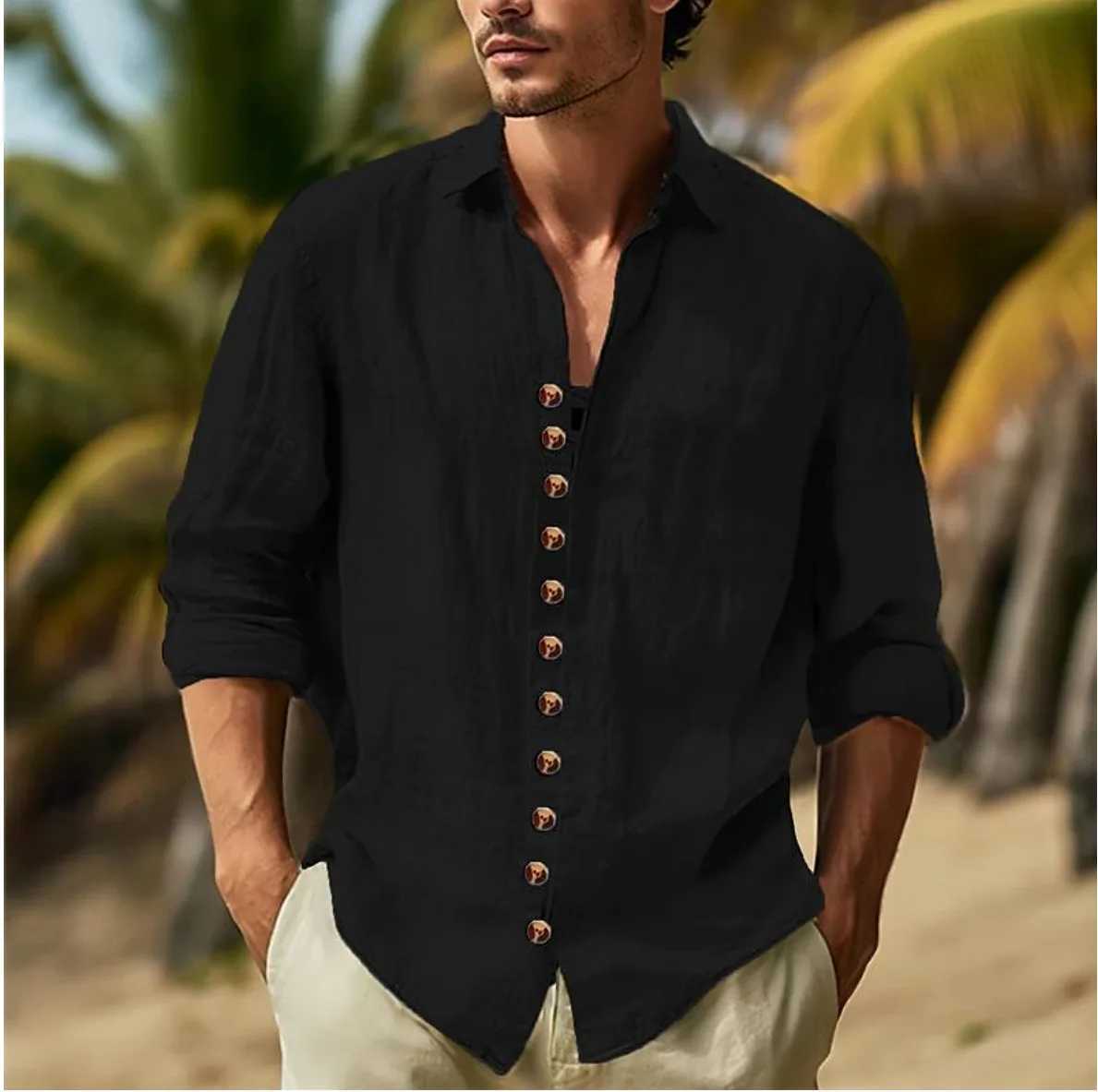 Mens Button-down Casual Shirt Cotton Long-sleeve Shirt with Collar for Spring and Autumn Festivals W250627