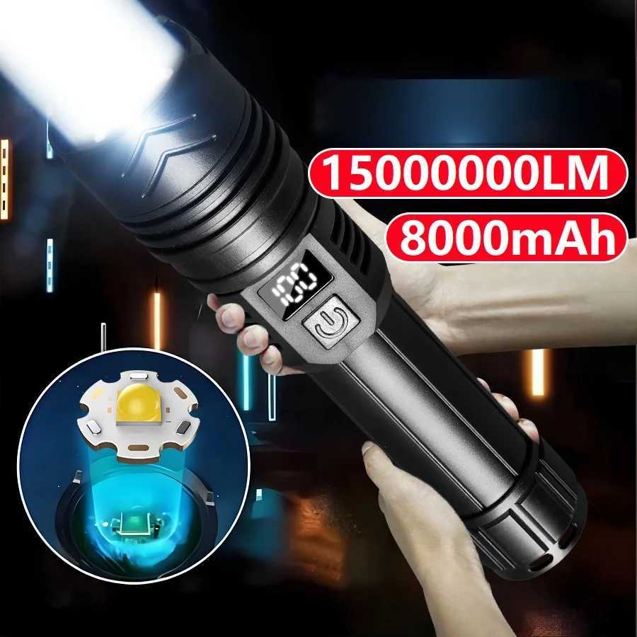 15000000 LM High Strong Power LED Flashlight with Display Light USB Charging Tactical Torch Camping Fishing Emergency Zoom Lights W250701