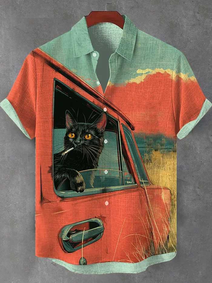 Summer Mens Retro Cartoon Anime Cat Theme Short Sleeve Shirt Short Sleeve Tops Fashion Casual Vacation Streetwear Mens Shirt W250627