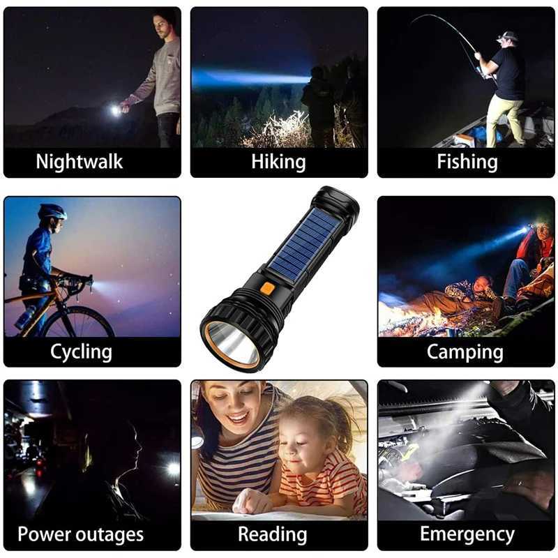 1-2Set USB/Solar Rechargeable LED Flashlight Portable Tactical Flashlamp Lanterna 1500 mAh Long-range Torch For Camping Lighting W250701