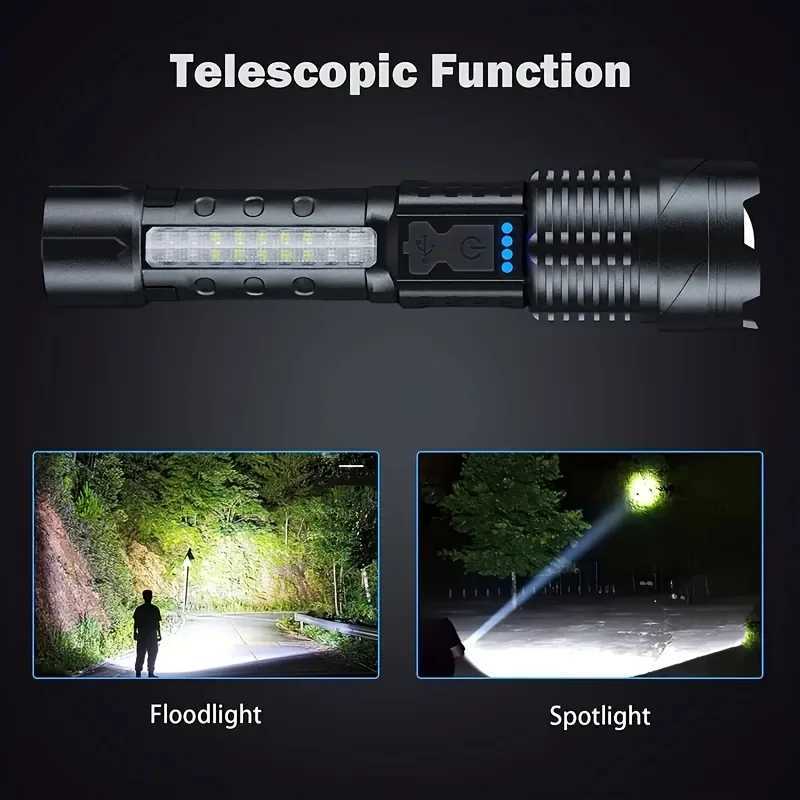 Powerful XHP50 LED Flashlight Waterproof 18650 Torch With Side Light 7 Modes Camping Fishing Lantern USB Rechargeable Zoom Lamp W250701