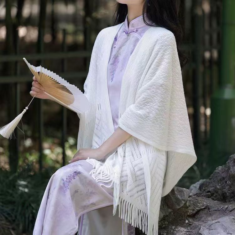 K1151 Air-conditioned room office knitted shawl women's hollow tassel fashionable cheongsam outer wear white cape cloak thin section