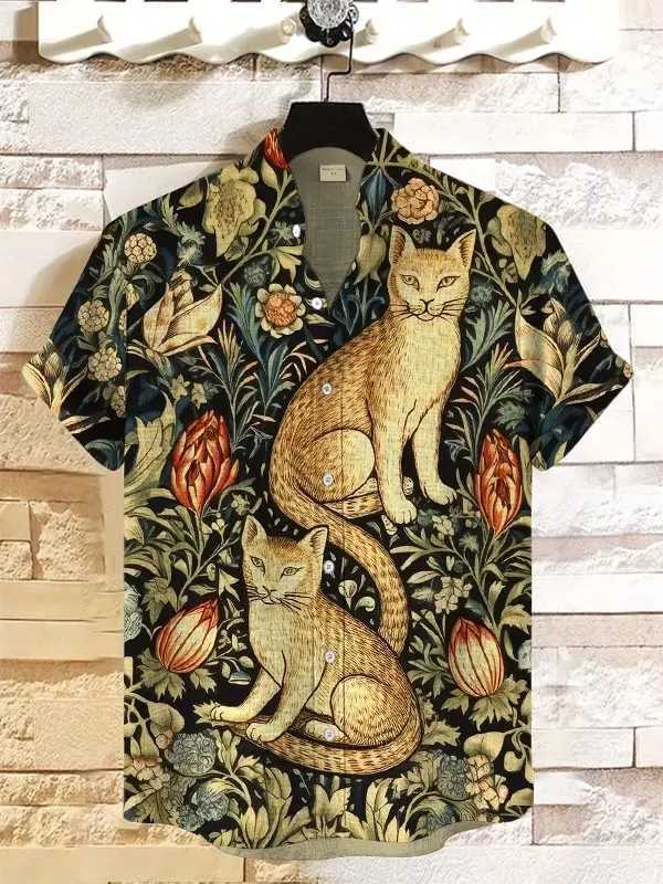 2025 new linen comfortable fabric Asian style retro pattern printed mens short sleeve shirt casual wear button top W250627