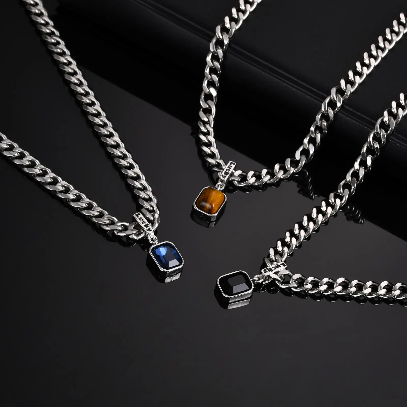 Sea Blue Zircon Pendant Necklaces for Men BoysStainless Steel Lucky Words Pendant CollarPunk Hiphop Jewelry Birthday Gift 250627