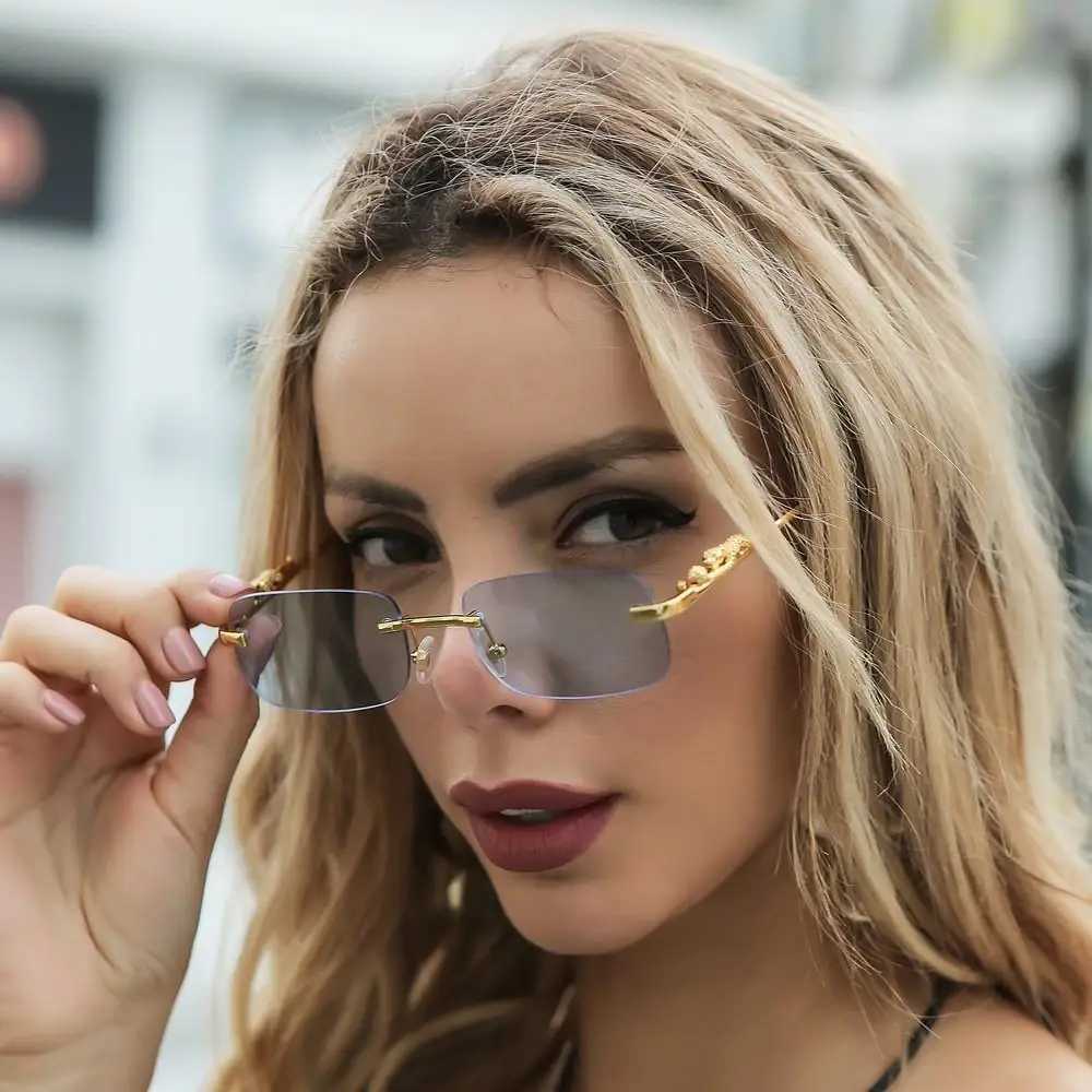 Square Rimless Sunglasses Women Men Cut Edge Golden Leopard Small Frame Sun Glasses Designer Retro Shade Eyewear UV400 oculos U250627