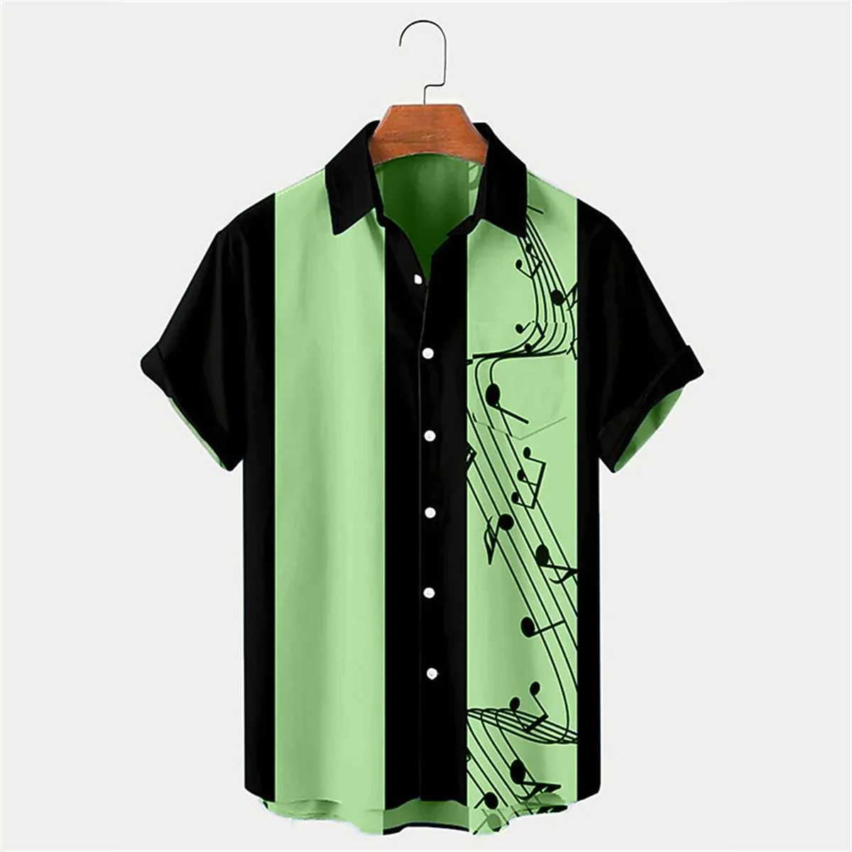 2024 New Mens Shirt Summer Bowling Shirt Note Pattern Printed Daily Short Sleeve Button Comfortable Casual Mens Clothing W250627