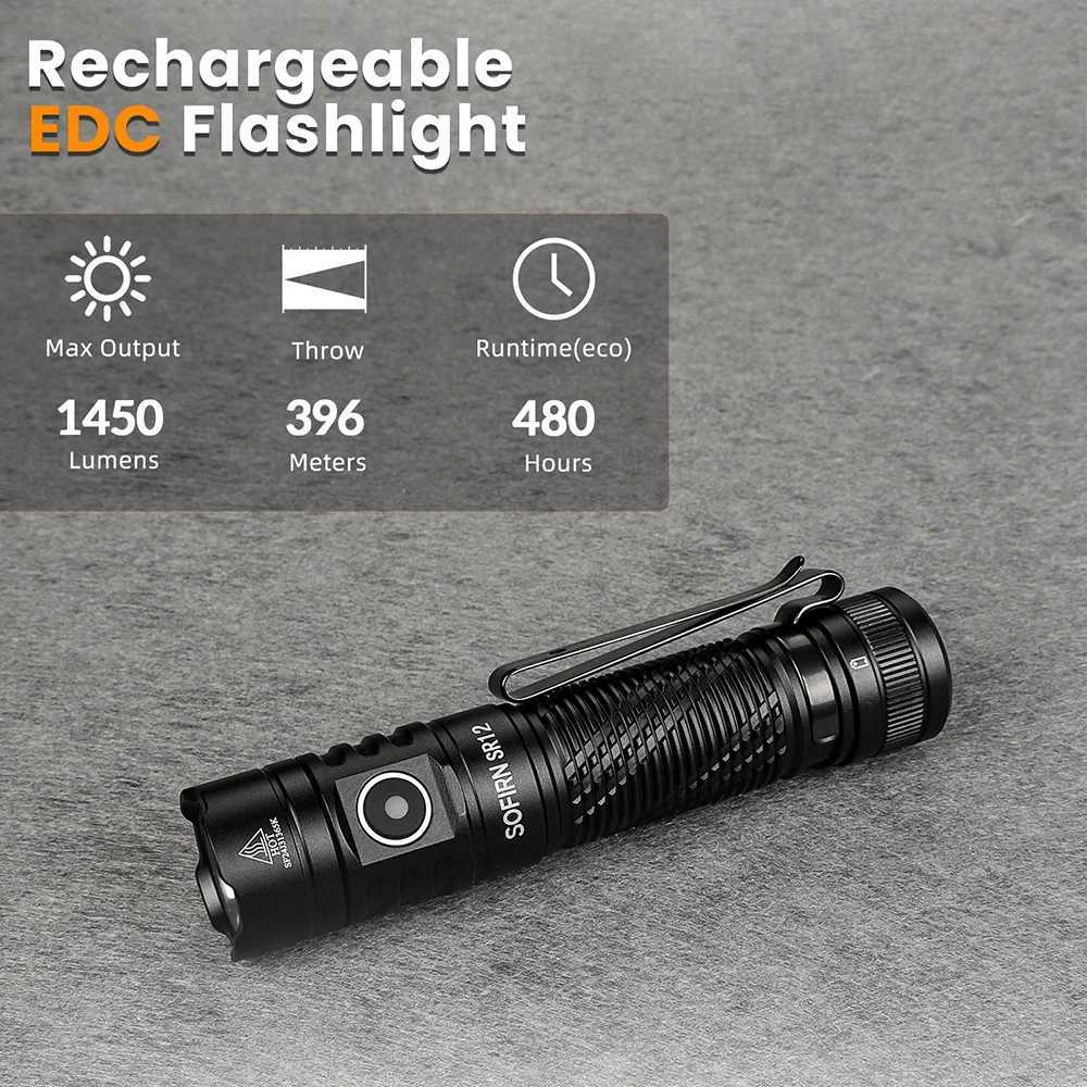 Sofirn SR12 EDC Flashlight 1450LM Powerful Light SFT25R LED 18650 USB C Rechargeable Torch IP68 Waterproof W250701
