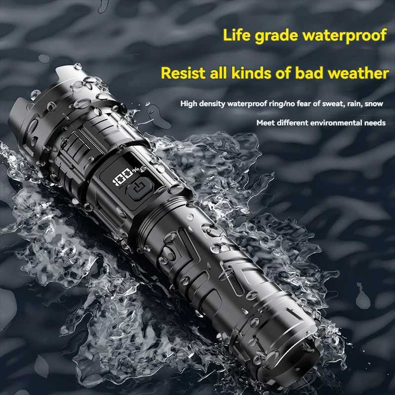 Super Bright Powerful Long Range LED Flashlight Tactical Torch Light Emergency Telescopic Zoom Lantern with Built-in Battery W250701