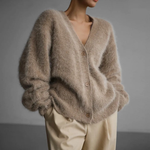 Imitation Mink Wool Knitted Sweater Cardigan Autumn/winter Lazy Loose Long Sleeved V-neck Sweater Jacket for Women