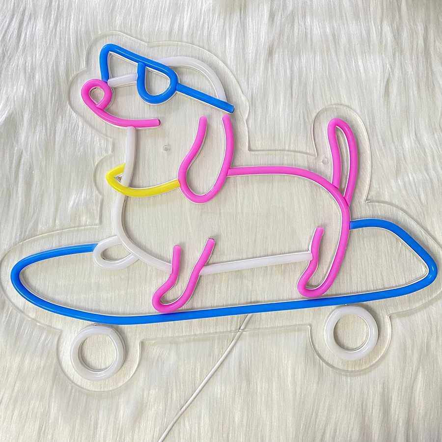 Skateboard Dog Neon Sign Cute Glasses Dog LED Neon Light Dimmable Animal Light Up Sign for Bedroom Decor Pet Shop Art Wall Decor XJ250626