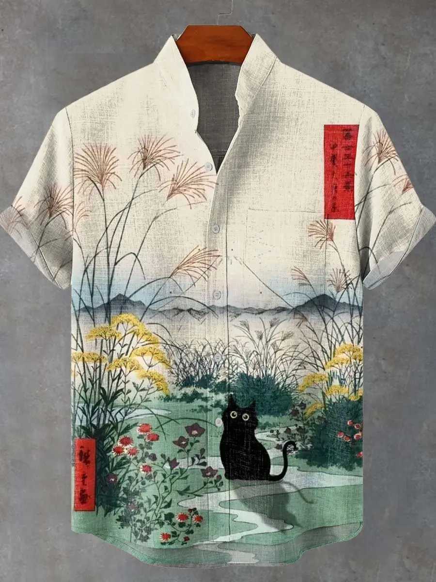 Mens Summer Japanese Style Art Cat Pattern Print Mens Retro Linen Short Sleeve Shirt Casual Simple Button Top Mens Shirt W250627