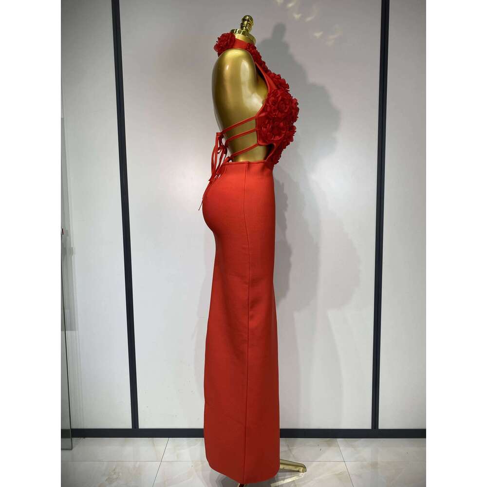 2025 New Women Sexy Halter Hollow Out Flowers Bodycon Bandage Dress Red Backless Elegant Party Birthday Wedding Dresses