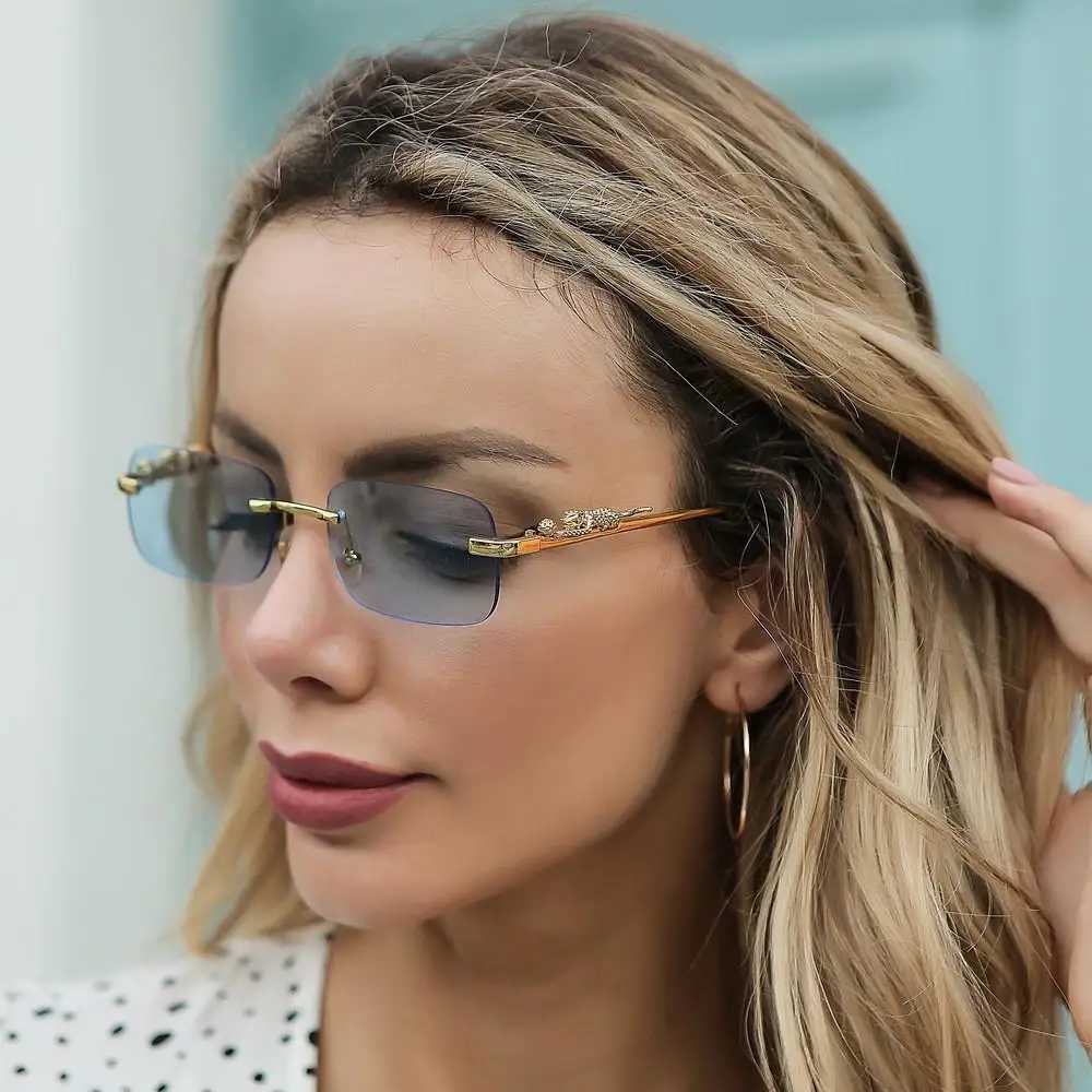Square Rimless Sunglasses Women Men Cut Edge Golden Leopard Small Frame Sun Glasses Designer Retro Shade Eyewear UV400 oculos U250627