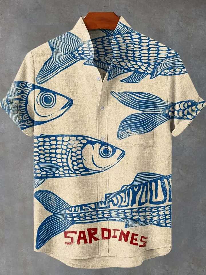 New vintage fish sardine art 3D printing casual fashion 100% linen mens stand collar short sleeve shirt W250627