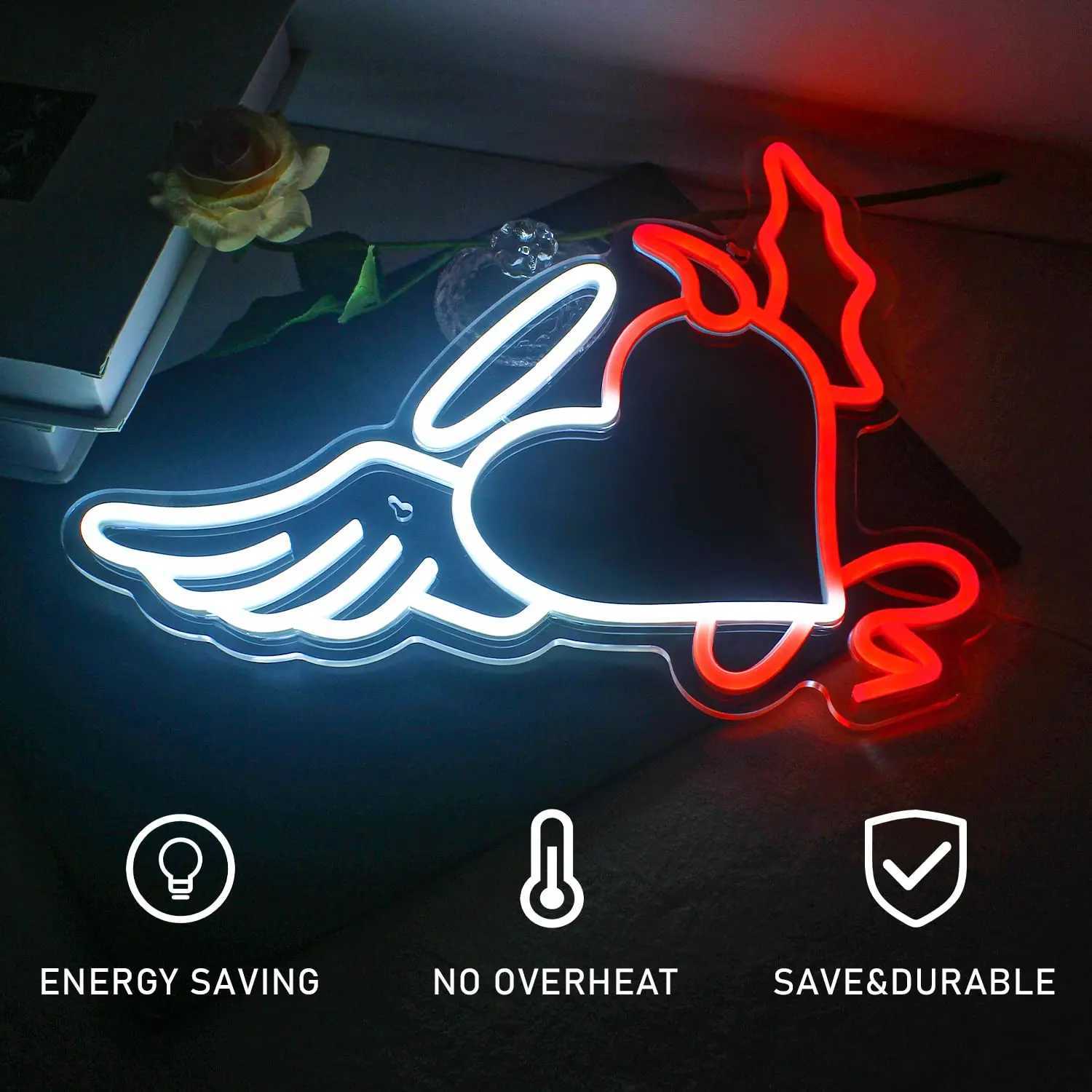 Heart Shape Angel Demon LED Neon Sign for Wall Decoration Glow Sign for Bedroom Home Bar Wedding Birthday Party Kids Room Gift XJ250626