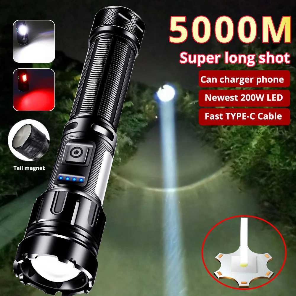 2000000 LM XHP200 Bright LED Flashlight with COB Work Light 5000mAH Type-C USB Rechargeable Tactical Flashlight XHP50 Zoom Torch W250701