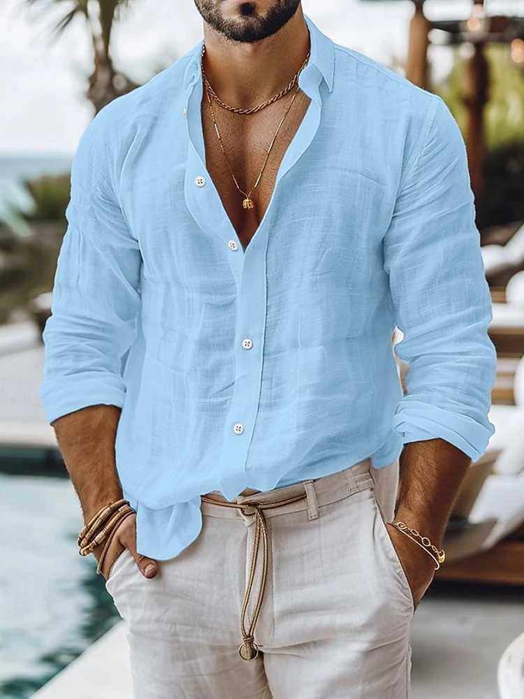 Casual Breathable Loose Cotton Linen Shirt Mens Spring Autumn Leisure Solid Color Cardigan Tops Men Vintage Button Lapel Shirts W250627