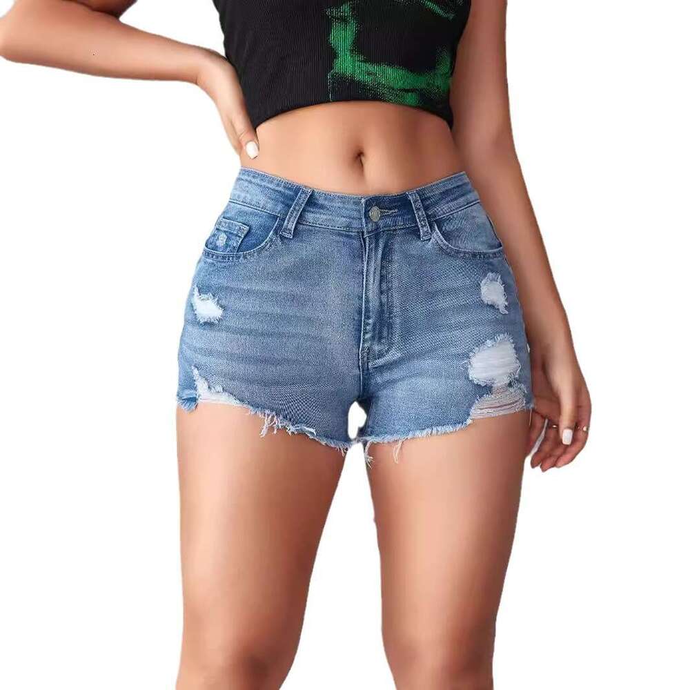European and American Cross-Border Ripped Denim Shorts for Women High Waist Slim Fit Personality Street Frayed Hot Pants In Stock