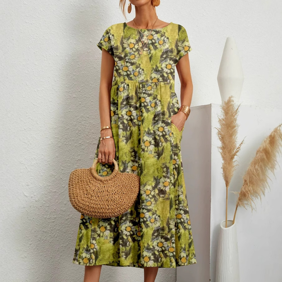 K6271European and American summer new loose round neck printed pocket dress for women