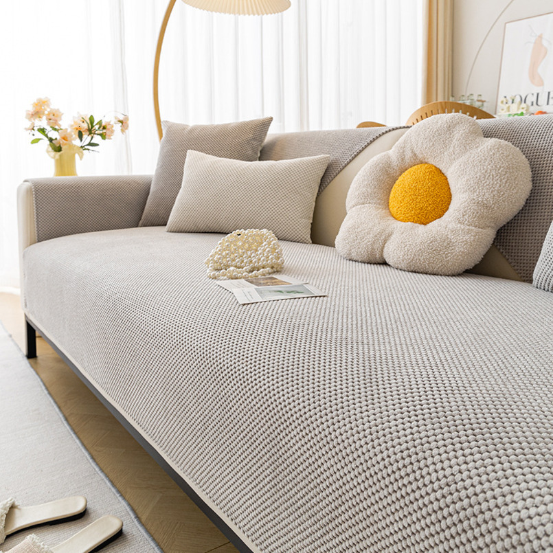 Corn Plush Simple Modern Non-Slip Seat Cushion Autumn Winter Style Rice Grain Velvet Solid Color Sofa Cover