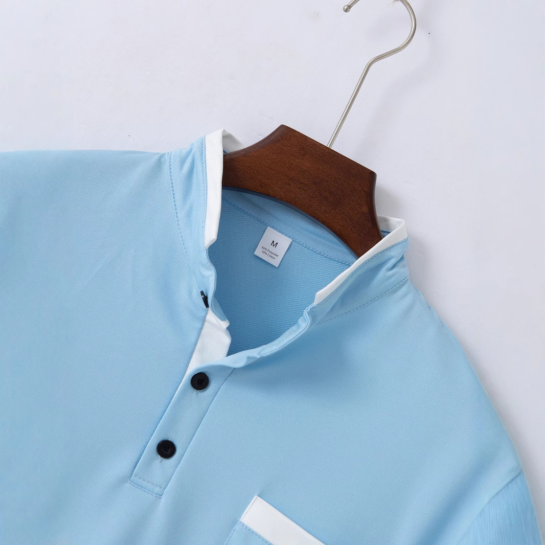 New Men's Summer Business Casual Short Sleeve Polo Breathable Color Block Henley Shirt