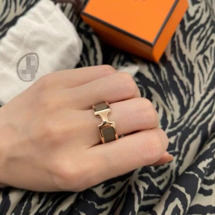 2025 New genuine leather 18k rose gold H letters designer band ring for women men unisex classic design love lover couple rings wedding ring jewelry