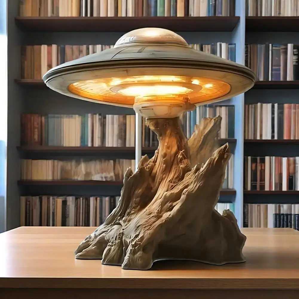 Ufo Design Light Rechargeable Ufo Lamp with Tree Trunk Base Soft Glow Ambient Illumination for Bedside Desk Decoration Unique S25627