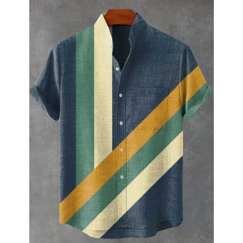 2025 Summer New Color Blocked Art Elegant Pattern Printed Linen Short Sleeved Shirt Comfortable High Quality Button Mens Top W250627