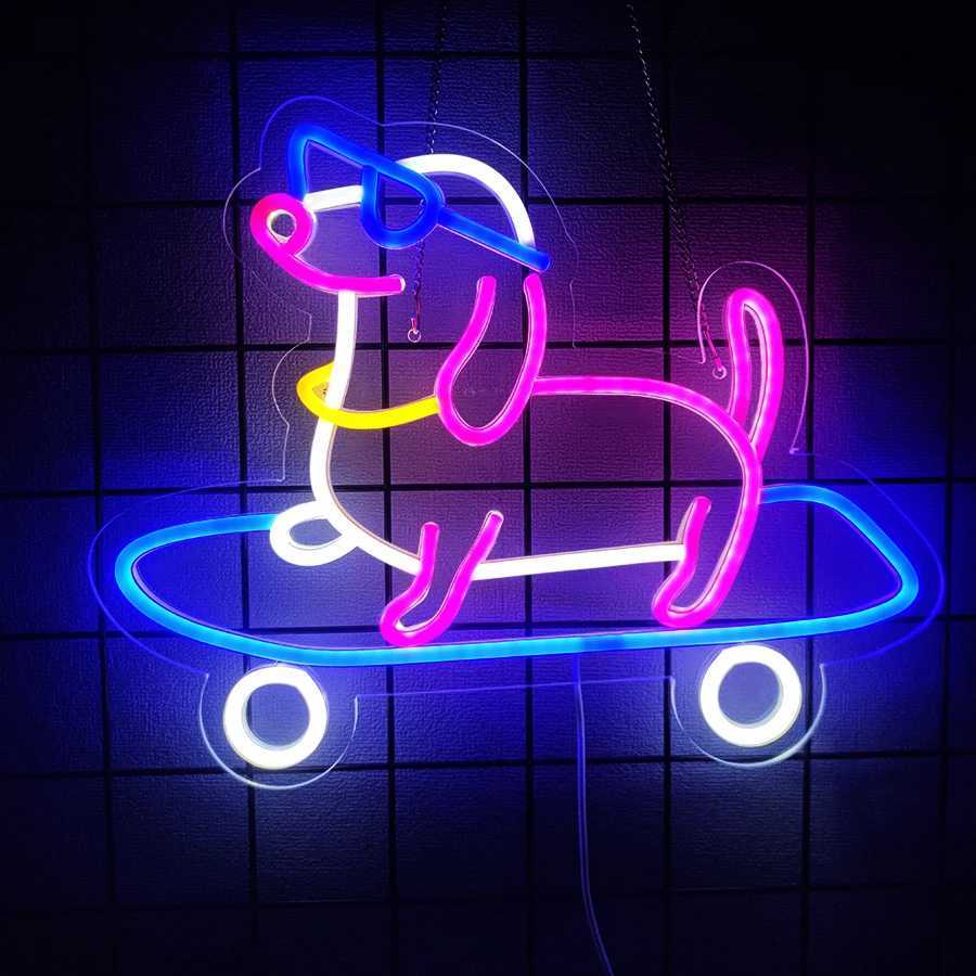 Skateboard Dog Neon Sign Cute Glasses Dog LED Neon Light Dimmable Animal Light Up Sign for Bedroom Decor Pet Shop Art Wall Decor XJ250626