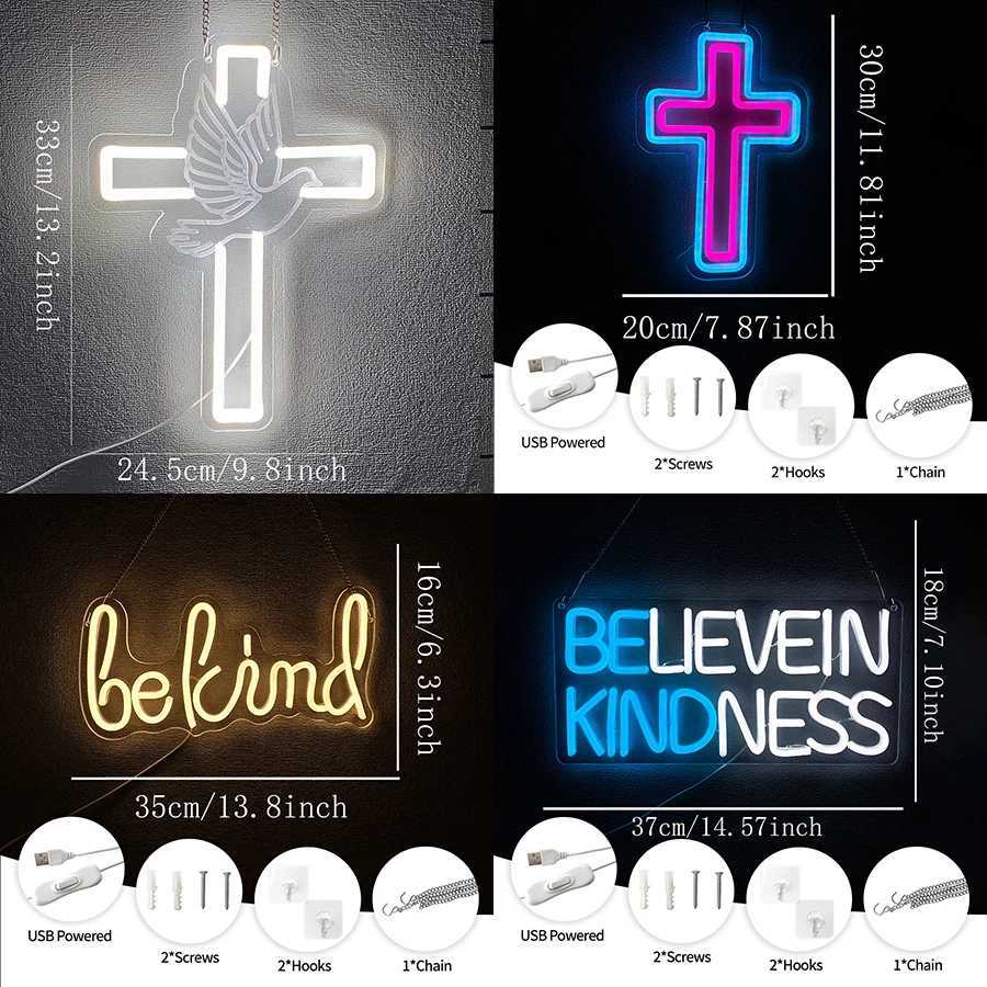 Believe in Kindness Neon Sign for Wall Decor Cross Led Neon Signs Light Up Sign Room Decor Be Kind Neon Lights Sign USB Powered XJ250626