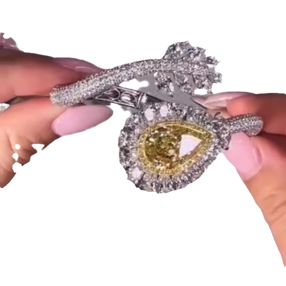2025 Rulalei Handmade Sparkling Luxury Jewelry 18K White Gold Fill Pear Cut Yellow 5A Cubic Zircon CZ Diamond Gemstones Party Women Weding Open Bangle