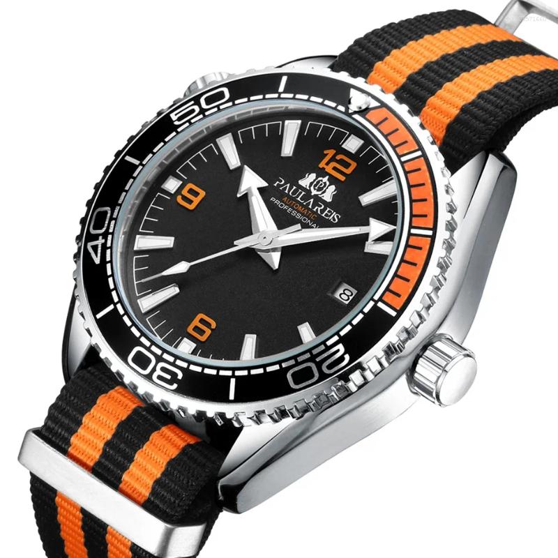 Wristwatches Automatic Men Watch Mechanical Self Wind Movement Orange Black Blue Canvas Strap Luxury Masculino