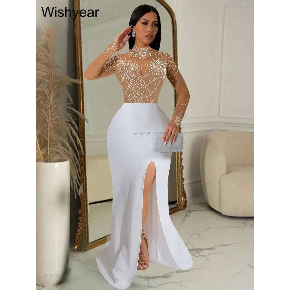year Mermaid Evening y Dress Woman Elegant Wedding Party Mesh Patchwork See Through Long Sleeve High Split Prom Formal 241108