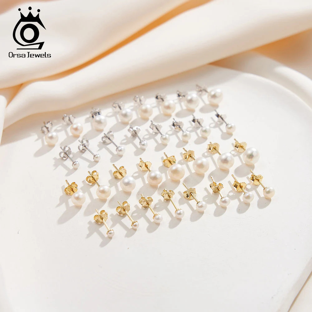 ORSA JEWELS Minimalism 1 pair Freshwater Pearl Ear Stud Real Pearls Stud Earrings 925 Silver Round Natural Pearl Ear Stud GPE104 250624