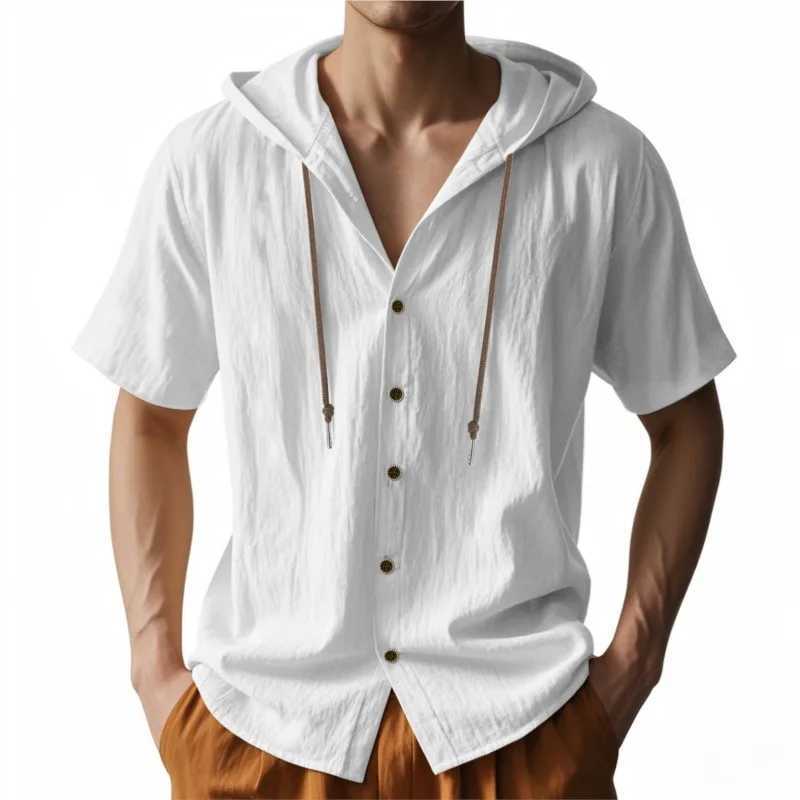Mens Short Sleeve Shirt Cotton Linen Solid Color Shirts Men Hooded Casual Shirt Man Single Breasted Tops Men Breathable Shirt W250627