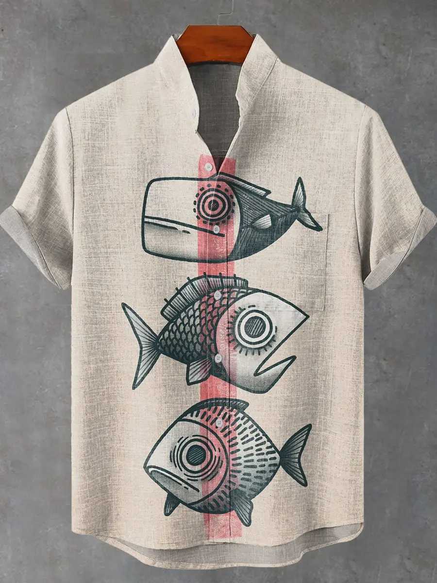 Men Summer Retro Fish Pattern Art Shirt Casual Linen Short Sleeve Fishing Enthusiast Clothing Beautiful Style Mens Shirts W250627
