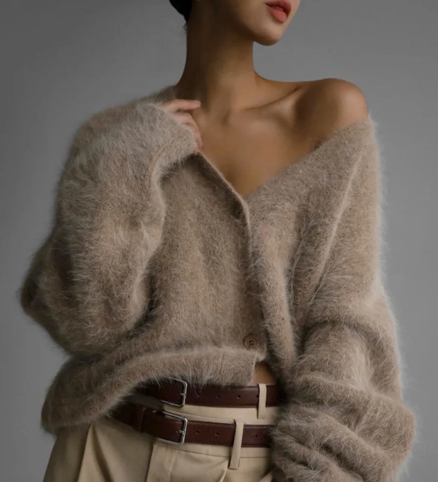 Imitation Mink Wool Knitted Sweater Cardigan Autumn/winter Lazy Loose Long Sleeved V-neck Sweater Jacket for Women