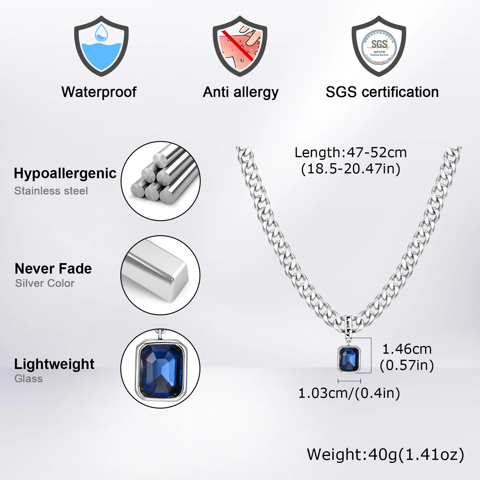 Sea Blue Zircon Pendant Necklaces for Men BoysStainless Steel Lucky Words Pendant CollarPunk Hiphop Jewelry Birthday Gift 250627