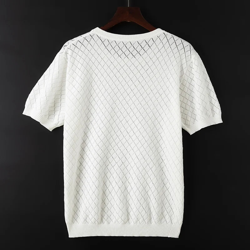 Men Knitwear 100% Cotton Sweater Pullover O-Neck T-shirt Short sleeve Hollow Out Breathable Comfortable High-Quality Lattice 250627