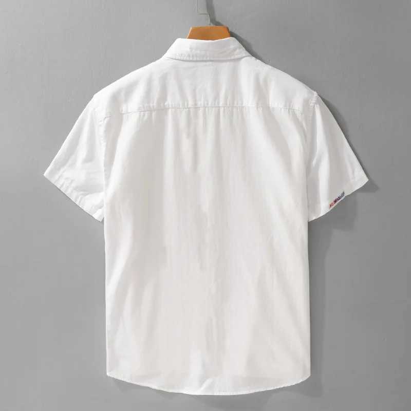 2025 Summer New 00% Cotton Casual Simple Short Sleeve Shirt For Men Turn-down Collar White Shirt Male W250627